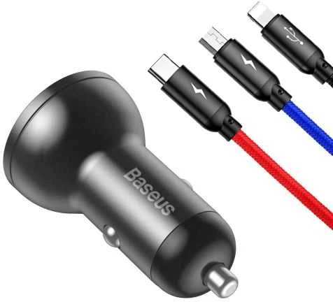 Baseus automobilinis įkroviklis 24W su 3-in-1 USB kabeliu 1.2m