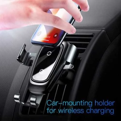 Baseus Metal Gravity Wireless Charger metalowy uchwyt automobilinis na kratkę wentylacyjną bezprzewodowa kroviklis Qi juoda (WXYL-B0A)