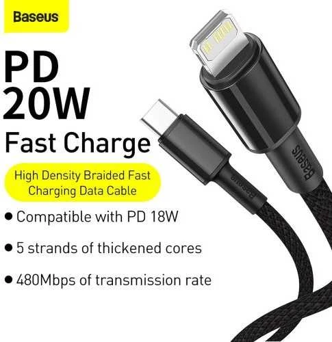 C tipo Baseus didelio tankio pintas laidas su žaibu, PD, 20W, 2m (juodas)