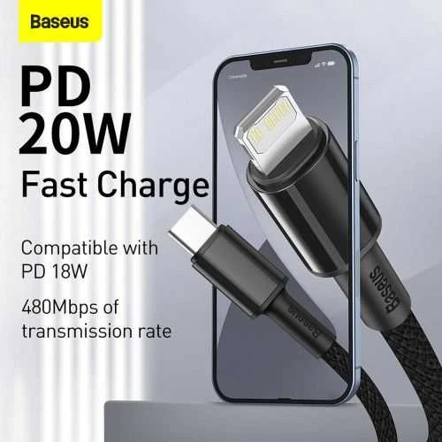 C tipo Baseus didelio tankio pintas laidas su žaibu, PD, 20W, 2m (juodas)