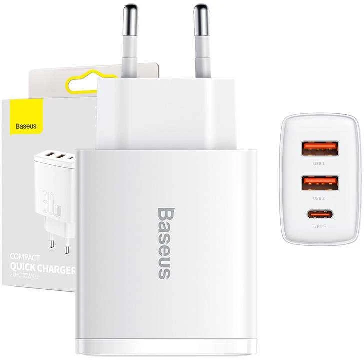 Baseus Sieninis įkroviklis 30W 2xUSB + USB-C QC3.0 PD3.0, baltas
