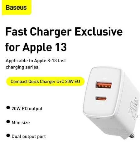 Įkroviklis Baseus Compact Quick Charger 20W USB-C/USB-A baltas CCXJ-B02