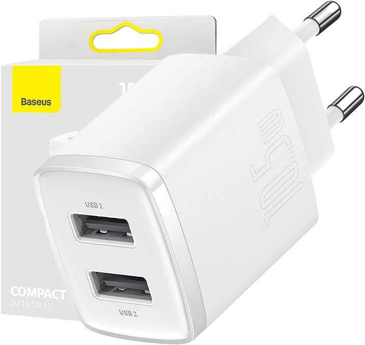 „Baseus“ kompaktiškas greitas įkroviklis, 2x USB, 10,5 W (baltas)