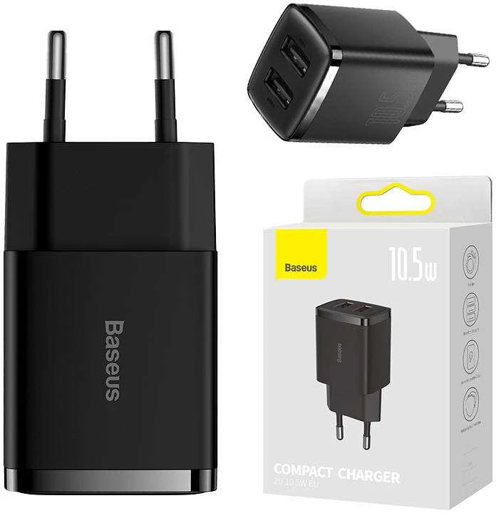 Baseus Sieninis įkroviklis 10.5W 2xUSB 2.1A, juodas