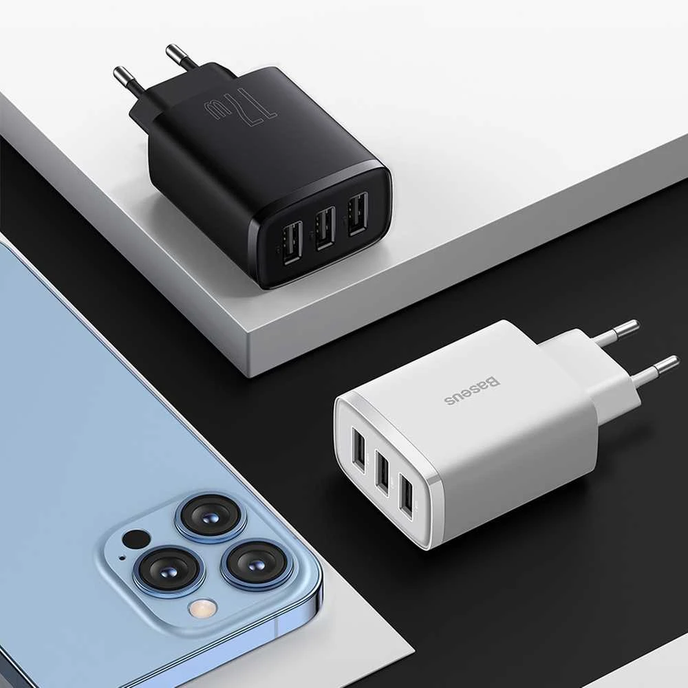 Baseus kompaktiškas greitas įkroviklis, 3x USB, 17W - baltas