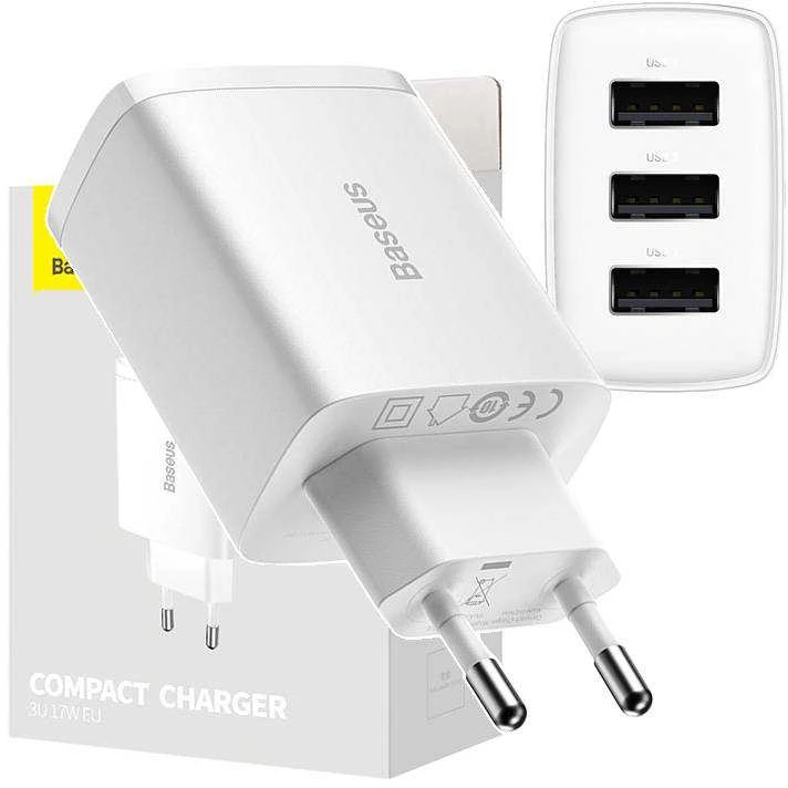 Baseus kompaktiškas greitas įkroviklis, 3x USB, 17W - baltas