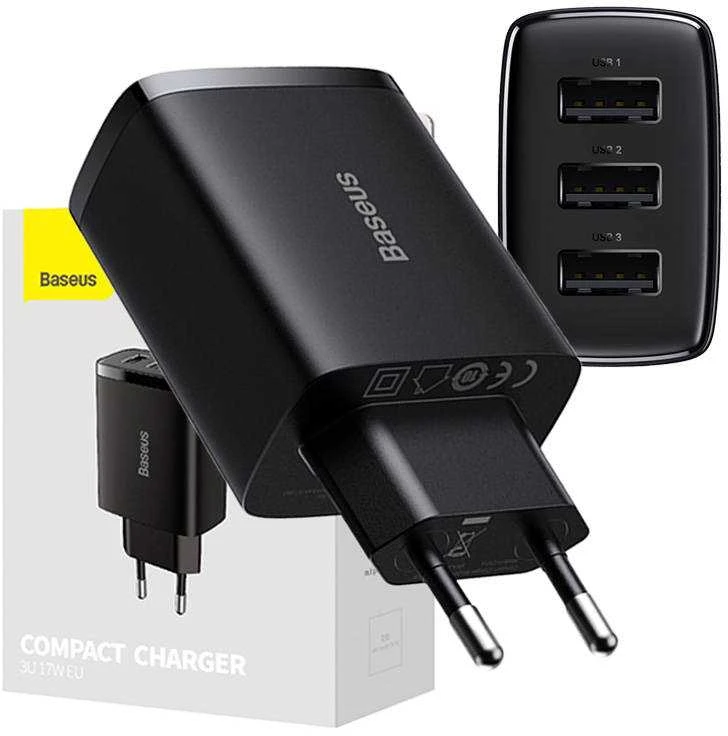 Baseus Sieninis įkroviklis 17W 3xUSB 3.4A, juodas