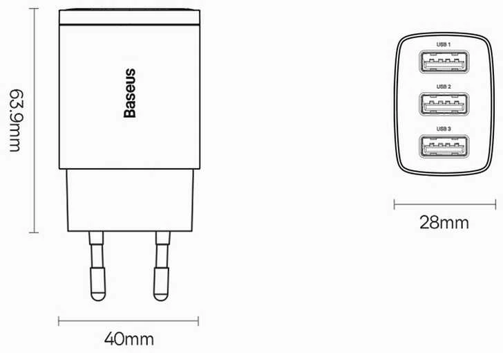 Baseus kompaktiškas greitas įkroviklis, 3x USB, 17W - baltas