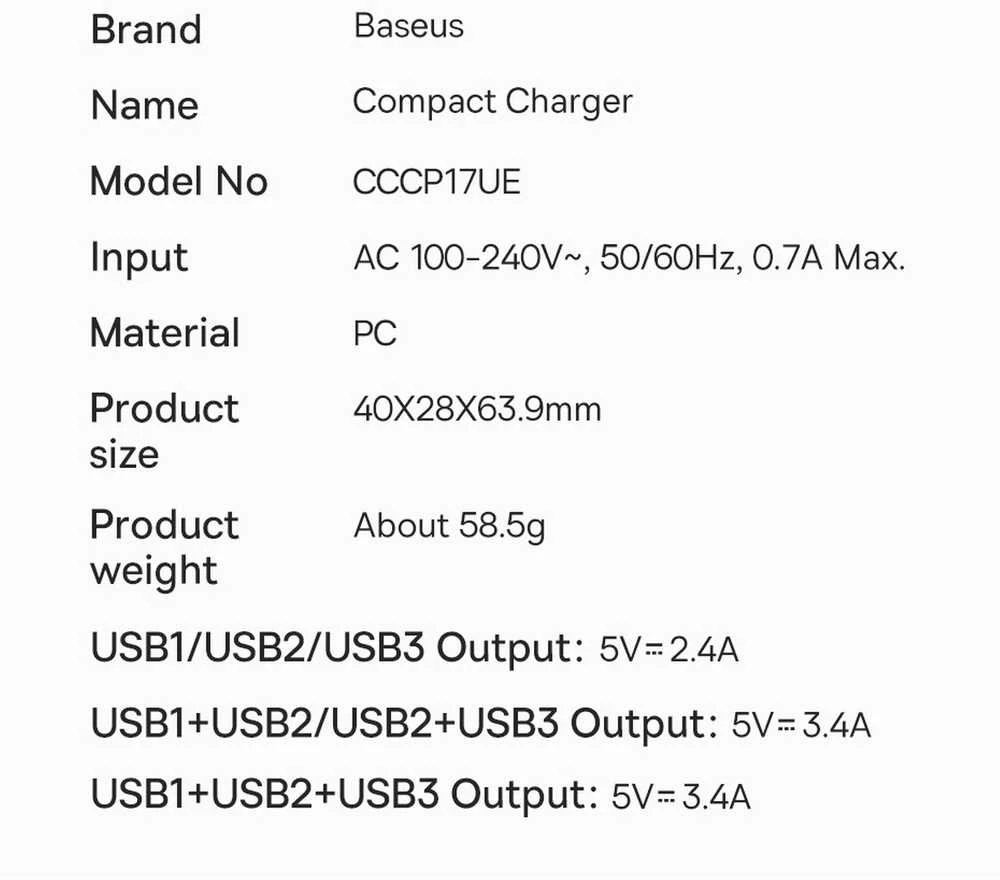 Baseus kompaktiškas greitas įkroviklis, 3x USB, 17W - baltas