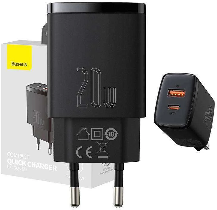 Baseus Kompaktiškas sieninis greitasis įkroviklis USB-C 20W, Juodos spalvos (CCXJ-B01)