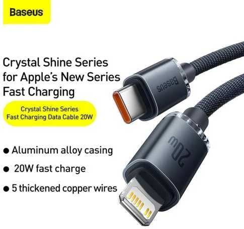 Baseus Crystal kabelis USB-C - Lightning 20W PD 1.2m - Juodas