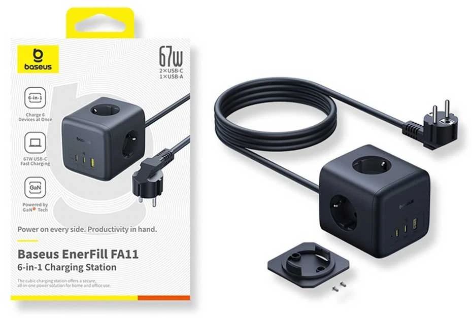 Baseus EnerFill FA11 67W ilgintuvas, USB-A + USB-C kubas + 3 x EU lizdai 1.5m – juodos spalvos