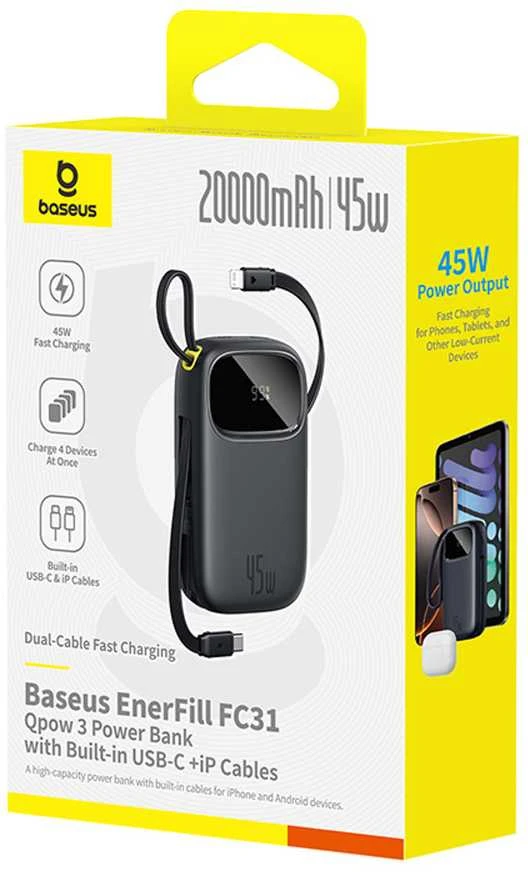 Baseus EnerFill FC31 20000mAh 45W išorinė baterija su ekranu, USB-C ir „Lightning“ laidais - Juodas