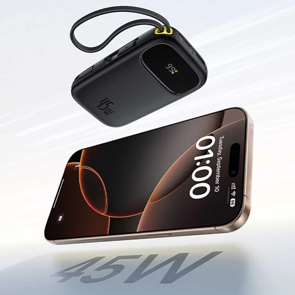 Baseus EnerFill FC31 20000mAh 45W išorinė baterija su ekranu, USB-C ir „Lightning“ laidais - Juodas