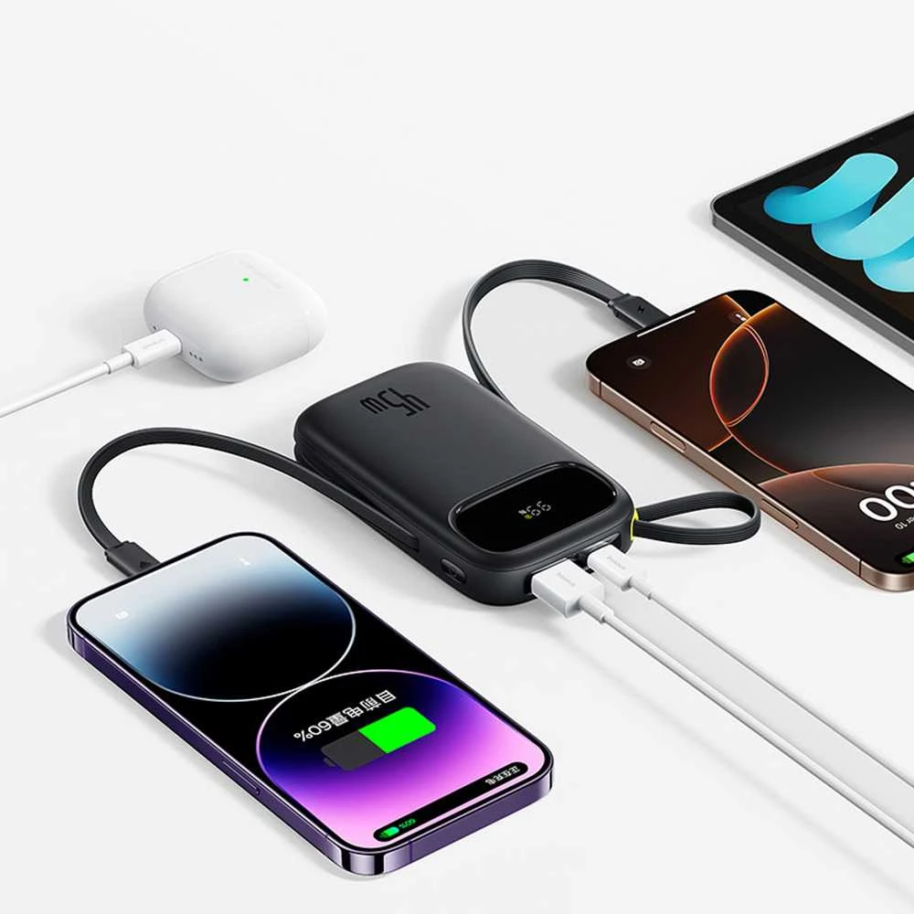 Baseus EnerFill FC31 20000mAh 45W išorinė baterija su ekranu, USB-C ir „Lightning“ laidais - Juodas