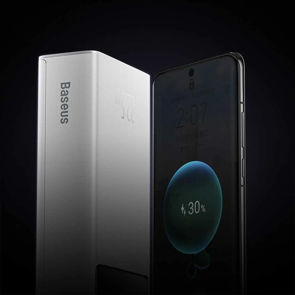 Baseus EnerFill FP41 30000mAh 22.5W Powerbank su Baseus Simple USB-A – USB-C 3A 30cm Kabelis – baltos spalvos