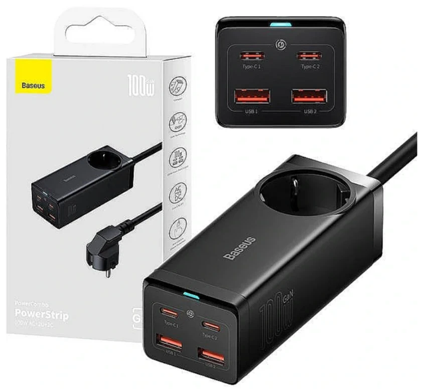 Baseus GaN3 Pro sieninis įkroviklis / maitinimo juosta 2xUSB + 2xUSB-C + AC 100W juodas