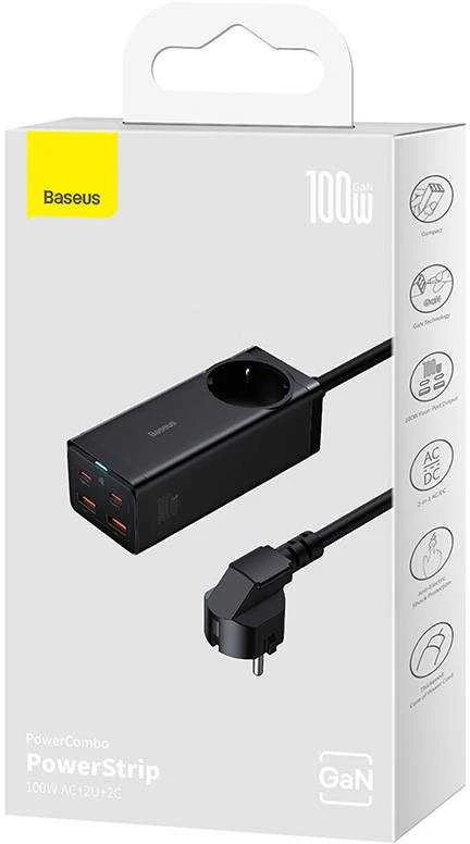 Baseus GaN3 Pro sieninis įkroviklis / maitinimo juosta 2xUSB + 2xUSB-C + AC 100W juodas