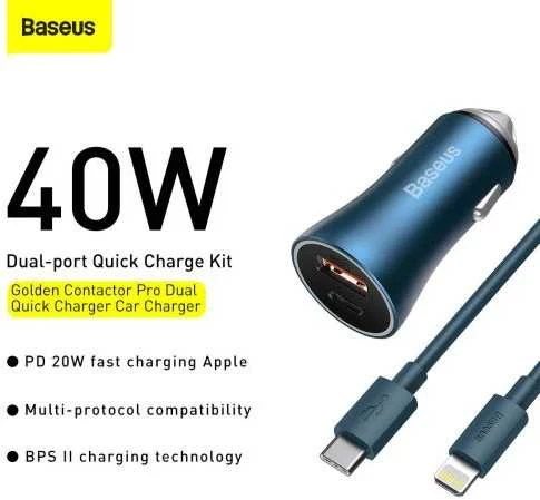 Automobilinis įkroviklis Baseus Golden Contactor Pro, USB + USB-C, QC4.0 +, PD, SCP, 40W (mėlynas) + USB-C - žaibo laidas 1m (mėlynas)