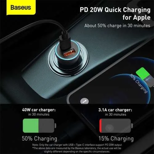 Baseus Automobilinis įkroviklis 40W 12-24V USB + USB-C QC4+ PD3.0 SCP FCP AFC, pilkas
