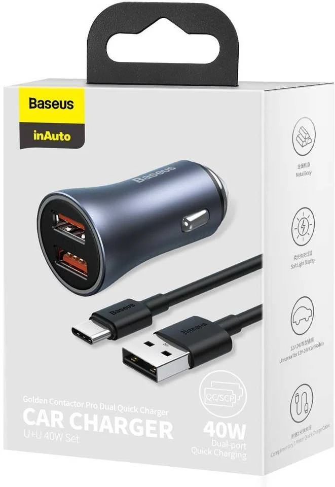 Baseus Automobilinis įkroviklis 40W 12-24V 2xUSB QC4.0 SCP FCP AFC su USB-C 1m laidu, pilkas
