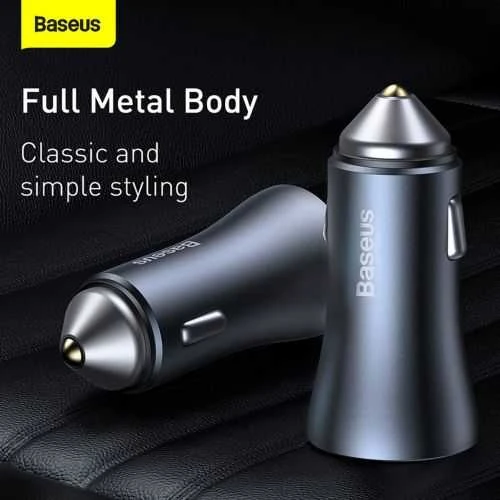 Baseus Golden Contactor Pro automobilinis įkroviklis USB + USB-C QC4.0 + PD SCP, 40W + USB-C kabelis skirtas iP 1m