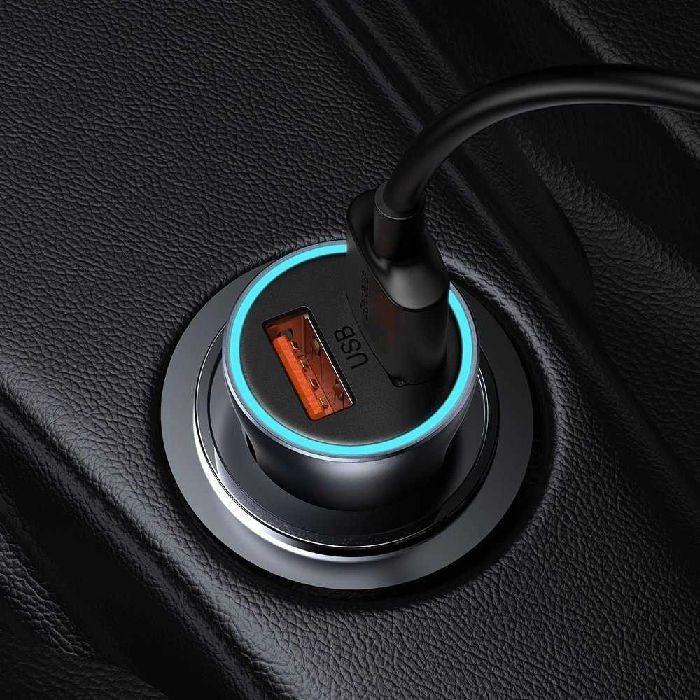 Baseus Automobilinis įkroviklis 40W 12-24V 2xUSB QC4.0 SCP FCP AFC su USB-C 1m laidu, pilkas