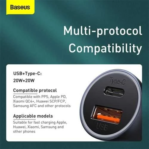 Baseus Automobilinis įkroviklis 40W 12-24V USB + USB-C QC4+ PD3.0 SCP FCP AFC, pilkas