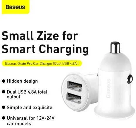 Automobilinis įkroviklis Baseus Grain Pro 2x USB 4.8A - Baltas