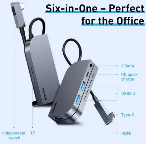 Baseus HUB Bend Angle No.7 Multifunctional (Type-C to 2xUSB3.0 + HDMI 4K + PD 100W + 3.5mm + TF) Upgraded version Space Gray (CAHUB-CWJ0G)