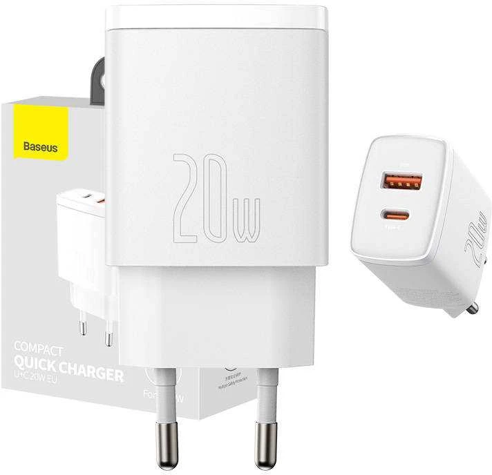 Įkroviklis Baseus Compact Quick Charger 20W USB-C/USB-A baltas CCXJ-B02
