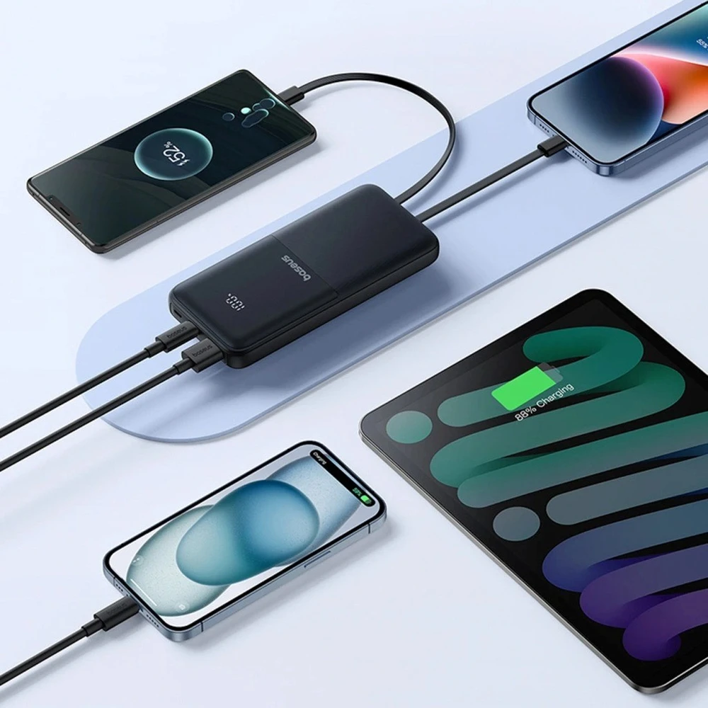 Baseus Lipow Powerbank su dviem įmontuotais kabeliais ir ekranu 10000mAh 22.5W Juodas