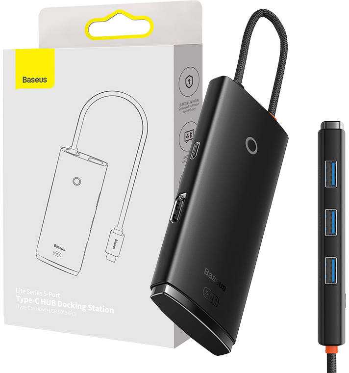 5in1 Baseus Lite serija USB-C 3x USB 3.0 + USB-C + HDMI šakotuvas (fekete)