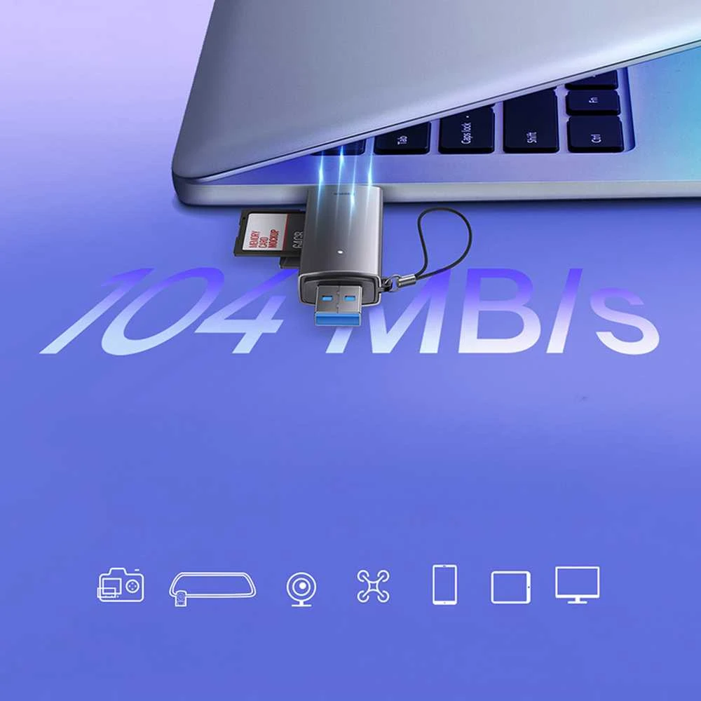Baseus Lite serijos SD/TF atminties kortelių skaitytuvas USB + USB-C – pilkas