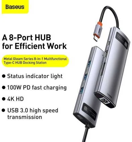 Jungčių stotelė / adapteris USB C kištukas - 8 rūšių jungtys Metal Gleam BASEUS