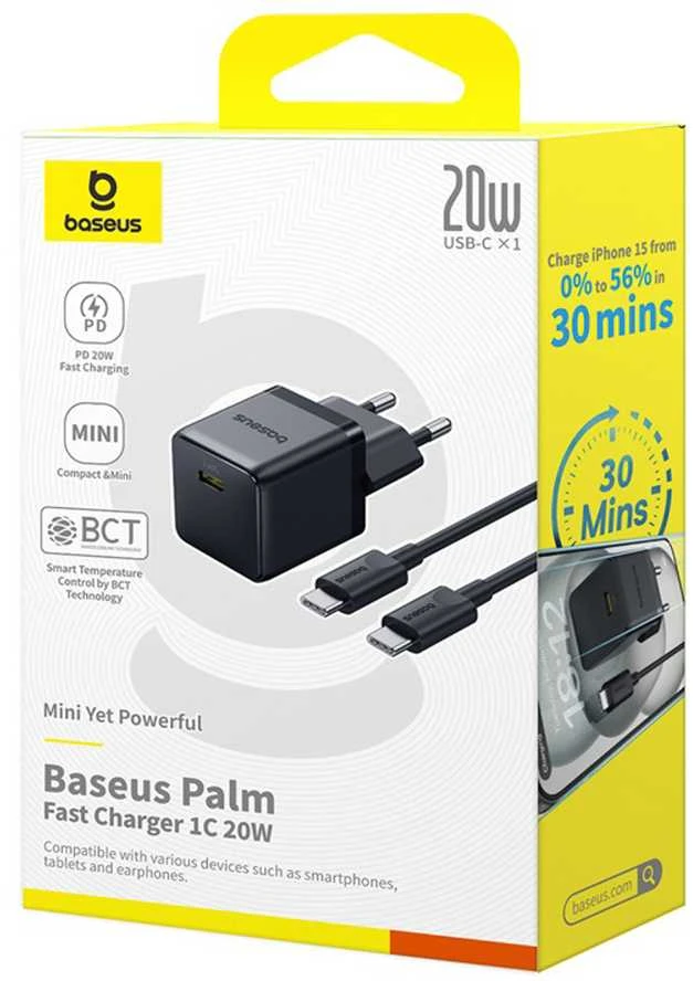 Baseus Sieninis įkroviklis Palm 20W USB-C QC3.0 PD3.0 su USB-C kabeliu 1m, juodas