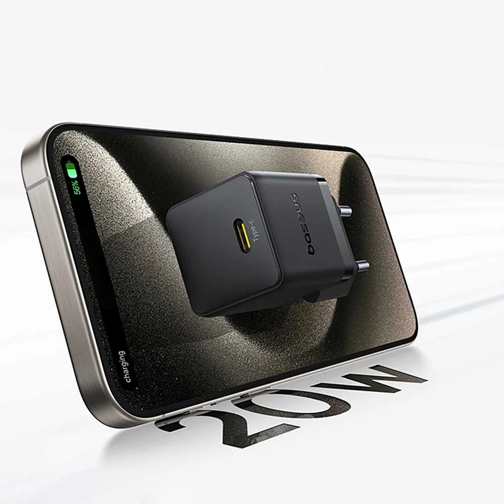 Baseus Sieninis įkroviklis Palm 20W USB-C QC3.0 PD3.0 su USB-C kabeliu 1m, juodas