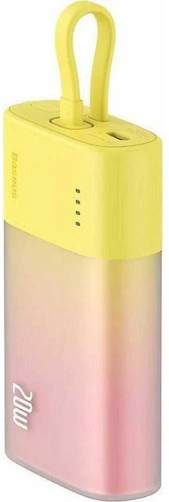 Baseus Popsicle 5200mAh 20W Powerbank with Built-in Lightning kabelis (+ Baltas Baseus Simple USB-C - USB-C 60W/20V/3A/30cm kabelis) - geltona-rožinė