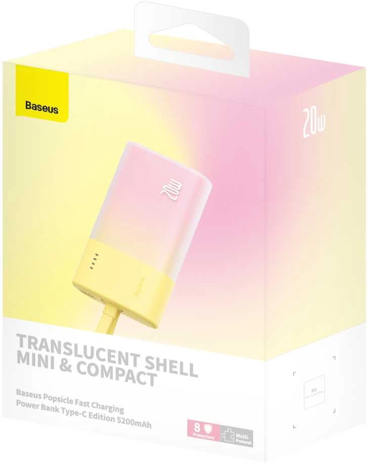 Baseus Popsicle 5200mAh 20W Powerbank with Built-in Lightning kabelis (+ Baltas Baseus Simple USB-C - USB-C 60W/20V/3A/30cm kabelis) - geltona-rožinė