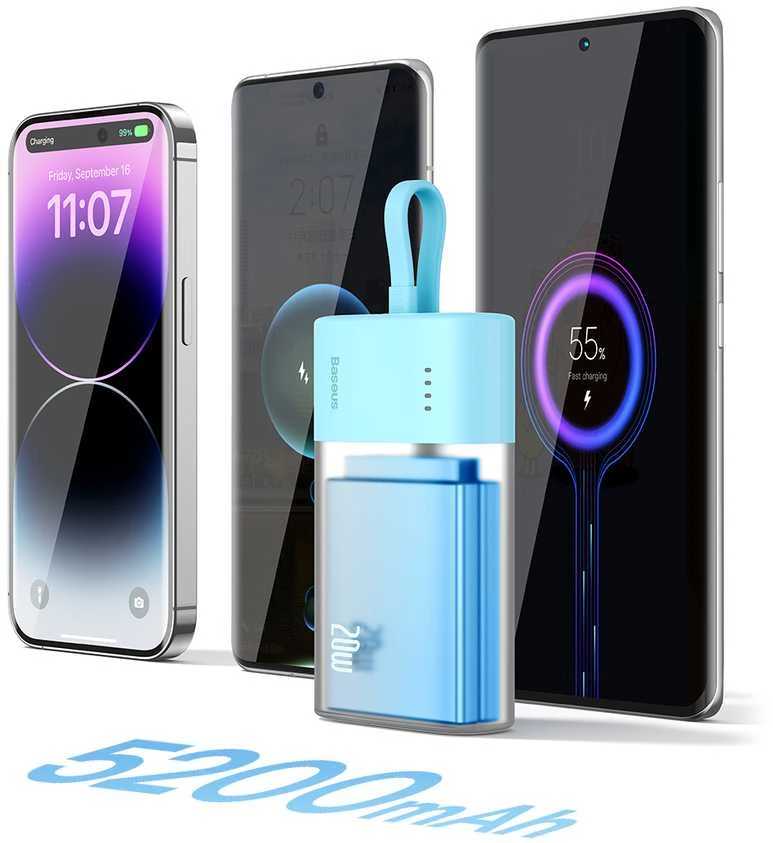 Baseus Popsicle 5200mAh 20W Powerbank with Built-in Lightning kabelis (+ Baltas Baseus Simple USB-C - USB-C 60W/20V/3A/30cm kabelis) - mėlyna-oranžinė