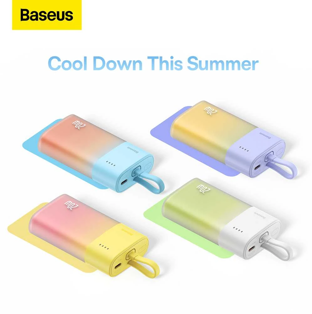 Baseus Popsicle 5200mAh 20W Powerbank with Built-in Lightning kabelis (+ Baltas Baseus Simple USB-C - USB-C 60W/20V/3A/30cm kabelis) - mėlyna-oranžinė