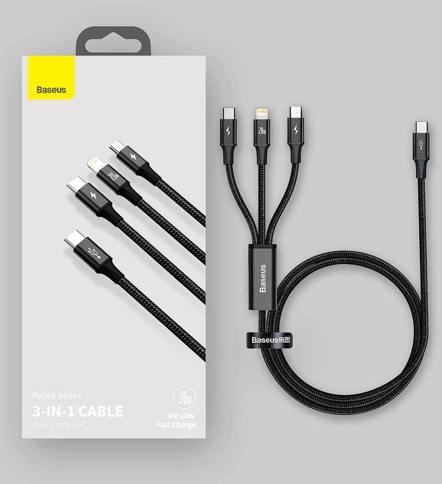 Baseus Rapid serijos Micro USB + Lightning + USB-C kabelis skirtas M+L+T 20W 1.5m – Žalias