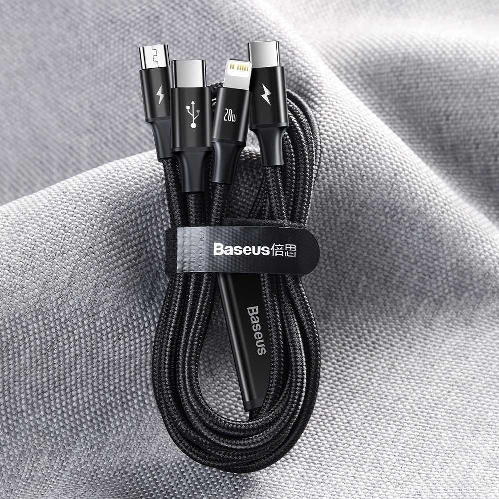 Baseus Rapid serijos Micro USB + Lightning + USB-C kabelis skirtas M+L+T 20W 1.5m – Žalias