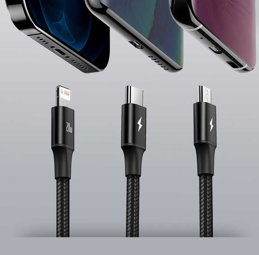 Baseus Rapid serijos Micro USB + Lightning + USB-C kabelis skirtas M+L+T 20W 1.5m – Žalias
