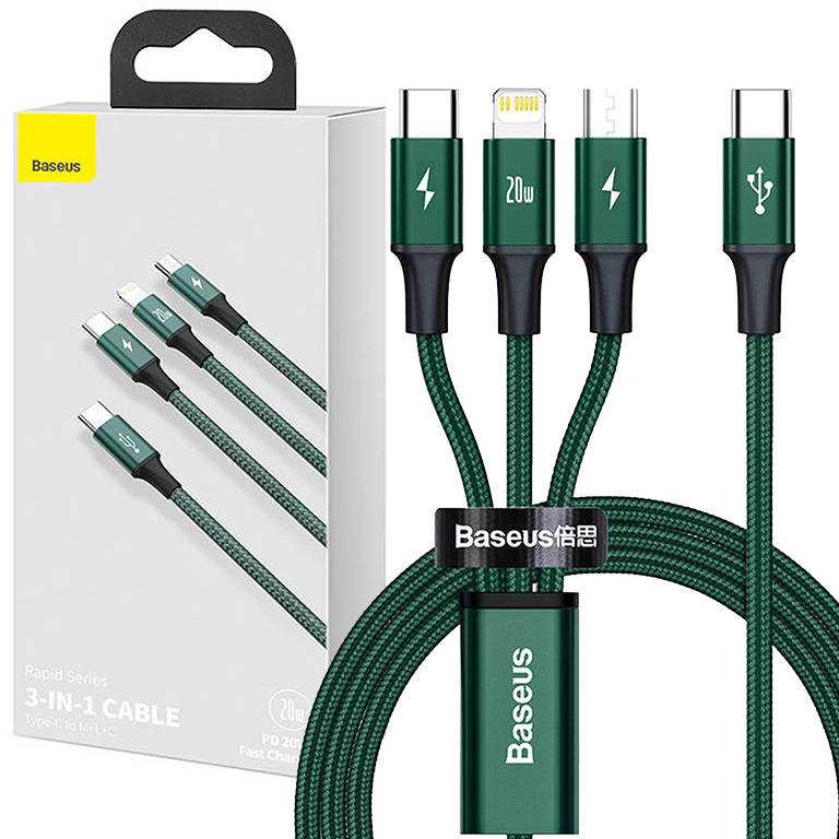 Baseus Rapid serijos Micro USB + Lightning + USB-C kabelis skirtas M+L+T 20W 1.5m – Žalias