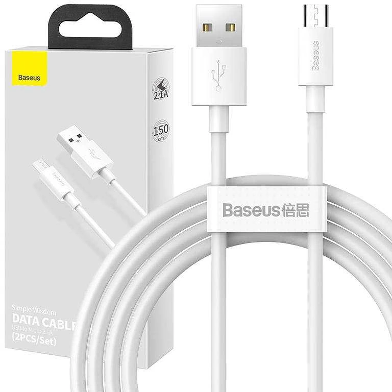 Baseus Simple Wisdom Data kabelių rinkinys USB Micro 2.1a (2vnt) 1.5m - Baltas