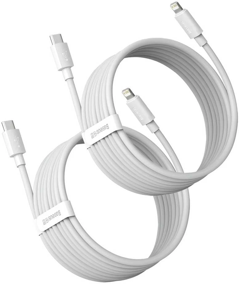 Baseus Simple Wisdom duomenų kabelio komplektas iš USB-C į Lightning PD 20W (2 Vnt), 1.5 m baltos spalvos