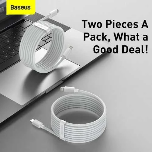 Baseus Simple Wisdom duomenų kabelio komplektas iš USB-C į Lightning PD 20W (2 Vnt), 1.5 m baltos spalvos