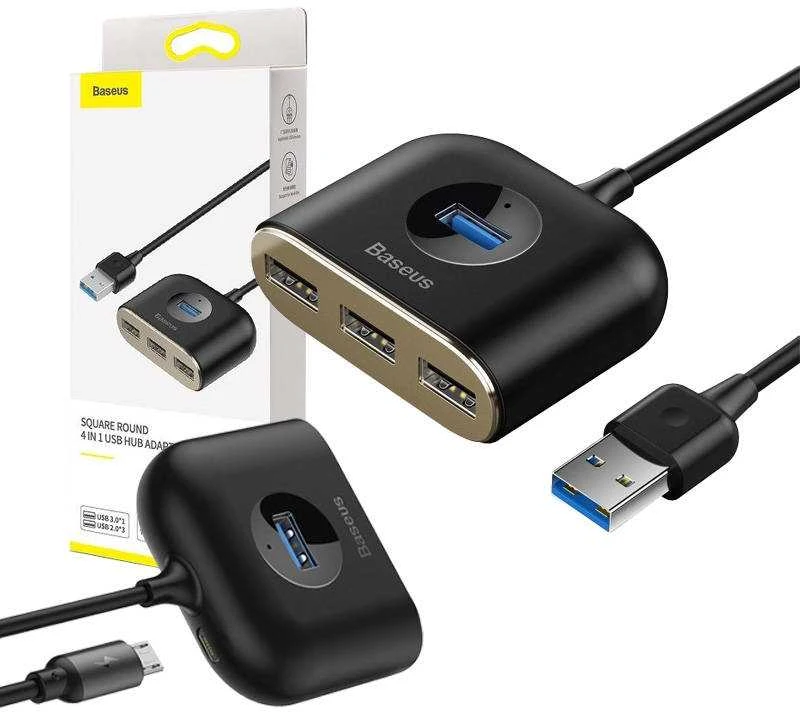 USB įkrovimo adapteris Baseus Square round 4in1 (USB3.0 TO USB3.0*1+USB2.0*3) 1m juodas CAHUB-AY01