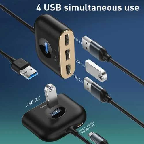USB įkrovimo adapteris Baseus Square round 4in1 (USB3.0 TO USB3.0*1+USB2.0*3) 1m juodas CAHUB-AY01
